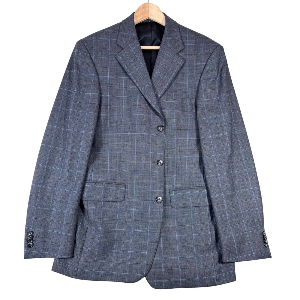 Bachrach‎ Mens 42L Wool Blazer Charcoal Gray Blue Windowpane Plaid Sport Coat